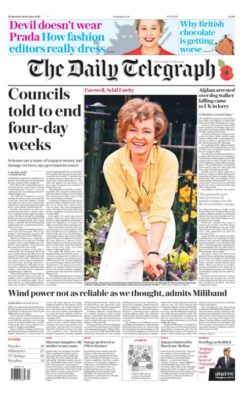 "Councils told to end four-day weeks" reads the headline on the front page of The Daily Telegraph.