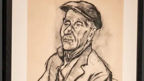 A charcoal drawing of an elderly man looking into the distance wearing a flat cap and a coat with a notched lapel.