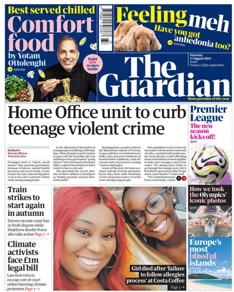 The headline on the front page of the Guardian reads: "Home Office unit to curb teenage violent crime". It also features an image of Hannah Jacobs.