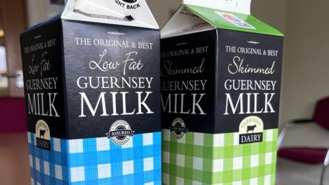 Two Guernsey milk cartons. One is a blue 'Low Fat' carton and the other is a green 'Skimmed' carton.