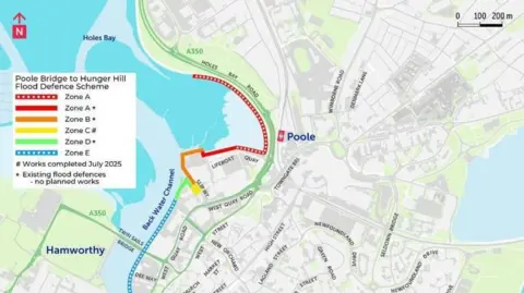BCP Council A map shows Poole Harbour with a red line indicating the location of the proposed flood defenced running along the east coast of Holes Bay close to the A350