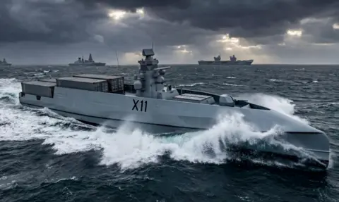 Navantia a concept image of an uncrewed ship on a dark, stormy sea