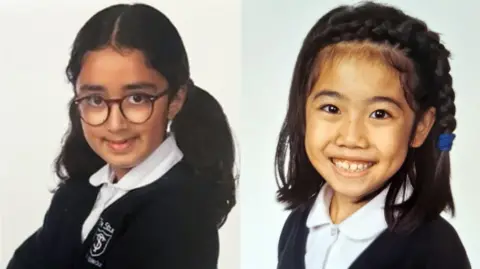 Family handouts A school photo of Nuria Sajjad, left, and Selena Lau - Nuria has glasses and long dark hair in bunches;  Selena smiles for the camera and has her shoulder-length dark hair in a braid