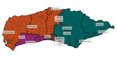 Ministry for Housing, Communities & Local Government A map of Sussex split into four sections - Chichester, Horsham and Crawley in orange, Worthing, Arun and Adur in purple, Brighton in red, and East Sussex in green