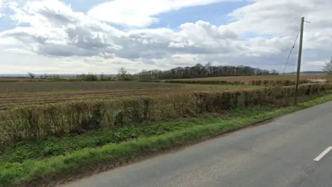 Google A large open field beside a road, separated with a trimmed hedge.