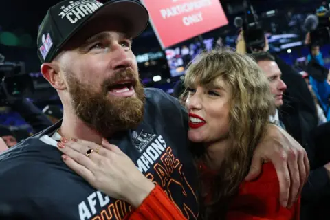 Travis Kelce and Taylor Swift in 2024.