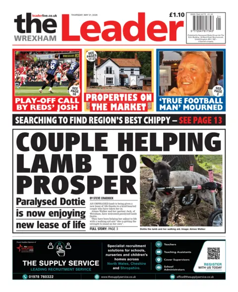 Wrexham Leader Wrexham Leader front page headline: Paralysed lamb enjoying new lease of life