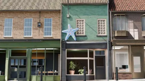 Harvey Beck Design An artist's impression of a light blue starfish hanging from the first floor above a row of shops. There are yellow, red and green swirly patterns on the starfish.