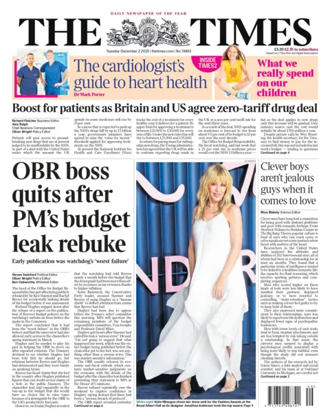 "OBR boss quits after PM's budget leak rebuke" reads the headline on the front page of The Times.