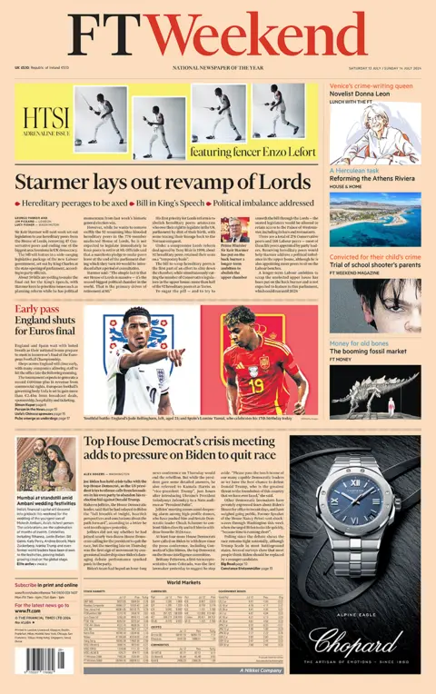 The main headline on the front page of the FT weekend reads: "Starmer lays out revamp of Lords"