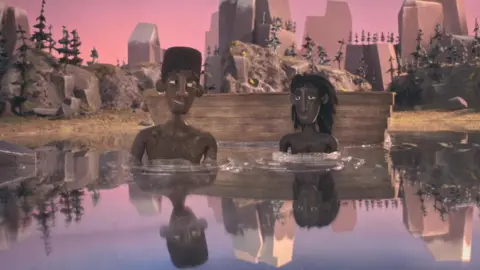 A still from the animated film shows two boys sitting in calm water under a pink and purple sky.