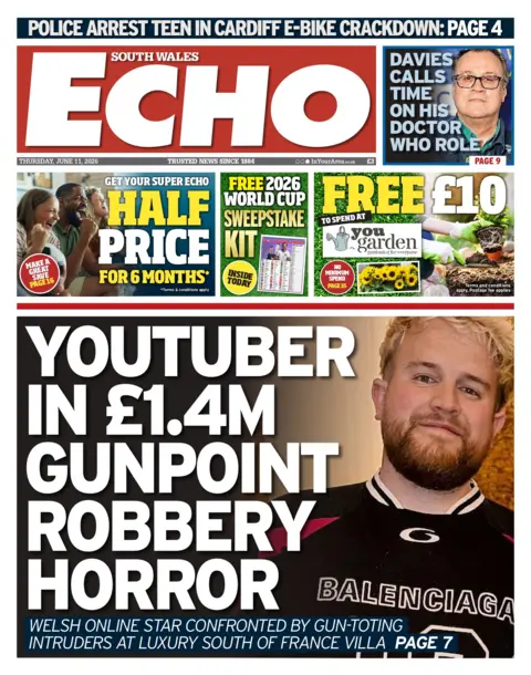 South Wales Echo The front page of South Wales Echo. Main headline reads: Youtuber in £1.4M gunpoint robbery horror. Next to it is a photo of youtuber Ben Phillips. He has blonde hair and a dark beard, and he is wearing a black balenciaga branded jersey.