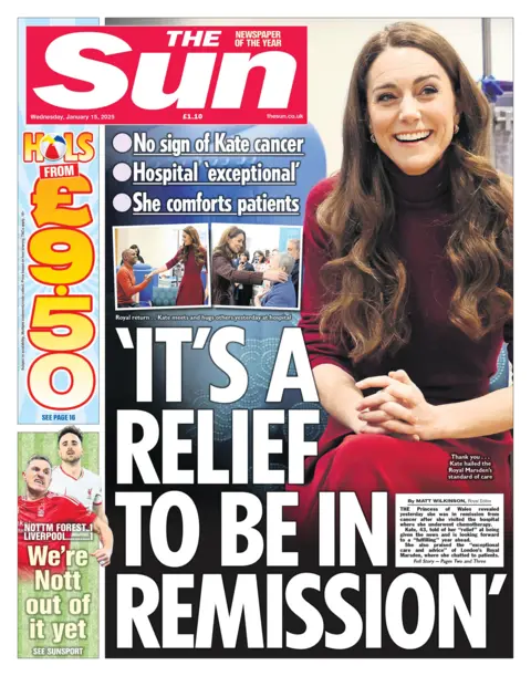 The headline on the front page of the Sun reads: "'It's a relief to be in remission'".