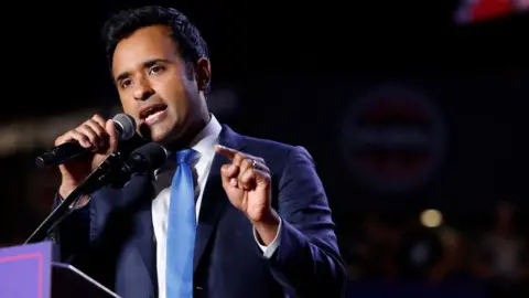 Getty Images Vivek Ramaswamy speaks at a campaign rally for Republican presidential nominee Donald Trump at Mullett Arena on October 24, 2024 in Tempe, Arizona