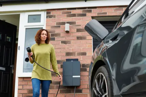 Woman charging an electric car outside her house