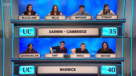 A screenshot of University Challenge. On the top half of the screen is the team for Darwin College, Cambridge, and on the bottom half of the screen is the University of Warwick. The score says 35 Darwin and 40 Cambridge.