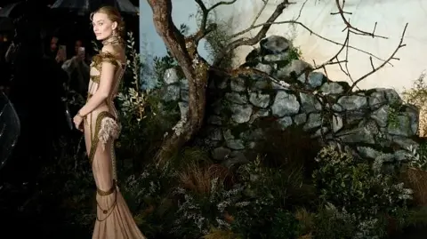 Getty Images Margot Robbie stands in a floor length light pink corseted dress with gold embellishments at the Wuthering Heights premiere with a tree and stone wall set behind her to evoke the Yorkshire moors