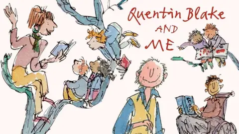 Illustrations by Quentin Blake showing a woman sitting on tree branches reading a story to enthralled children, a drawing of Quentin Blake and other children reading books for a new exhibition called Quentin Blake and Me.