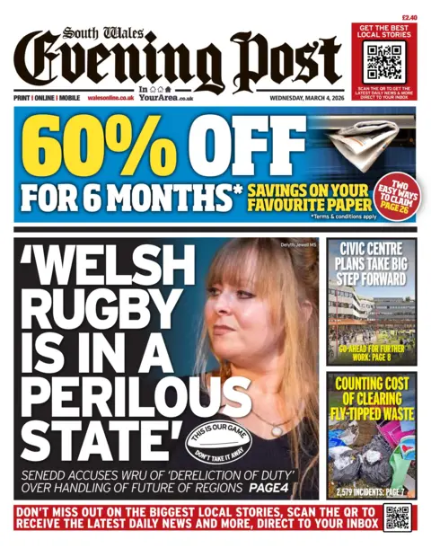 South Wales Evening Post Front page South Wales Evening Post. The headline reads 'Welsh rugby is in a perilous state'. 