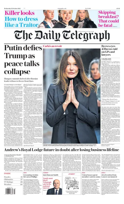 "Putin defies Trump as peace talks collapse" reads the headline on the front page The Daily Telegraph.
