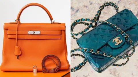 Evey Amery Orange bag with handle and padlock and turquoise Christian Dior handbag with gold strap