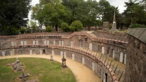 Birmingham Heritage Week A collection of cemetery catacombs surrounded by trees. There is a grassed areas in the foreground with gravestones