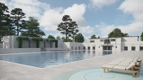 A 3D rendering showing a large swimming pool surrounded by light grey tiles and a white building towards the back.