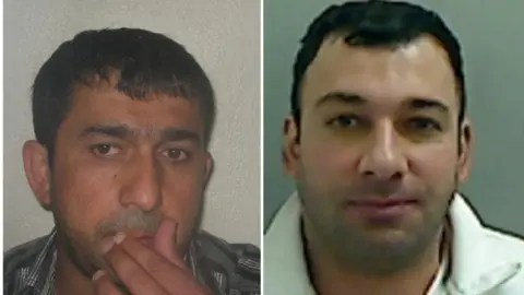 NCA Khalid Mahmud and Beston Moslih; mugshots of two men, one with dark hair, holding a hand up partially covering his mouth, the other with dark hair, stubble and a white jacket