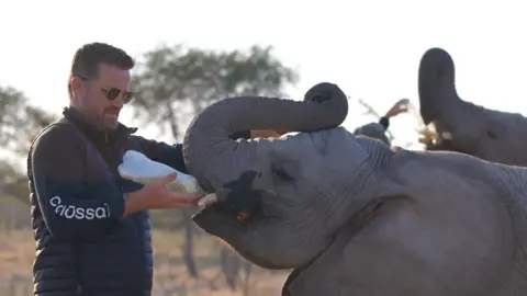 Biosains Colossal Ben Lam dalam memberi makan bayi gajah dari botol dengan hutan Botswanan di latar belakang