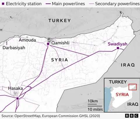 Map of Turkey, Syria and Iraq, showing the AANES