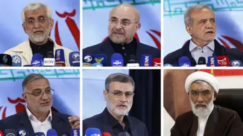 (Clockwise, from top left) Approved Iranian presidential candidates Saeed Jalili, Mohammad Baqer Qalibaf, Masoud Pezeshkian, Mostafa Pourmohammadi, Amir-Hossein Ghazizadeh Hashemi, and Alireza Zakani