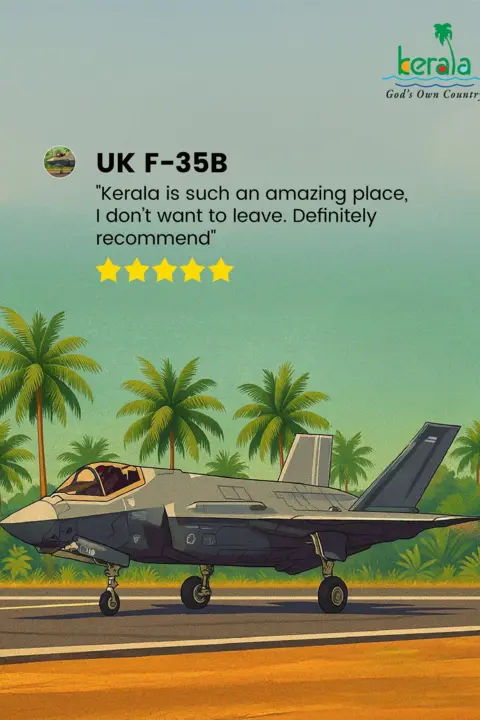 Kerala Tourism A Kerala Tourism post on X included an AI-generated photograph of F-35B standing on the runway with coconut palm trees in the background. The text suggested that, like most visitors to the state described in tourism brochures as "God's own country" for its scenic beauty, the jet too was finding it hard to leave.