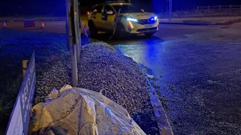 Cambs Police A pile of cockles on a pavement. A sack is in the foreground and to the rear is a police car with its headlights on.