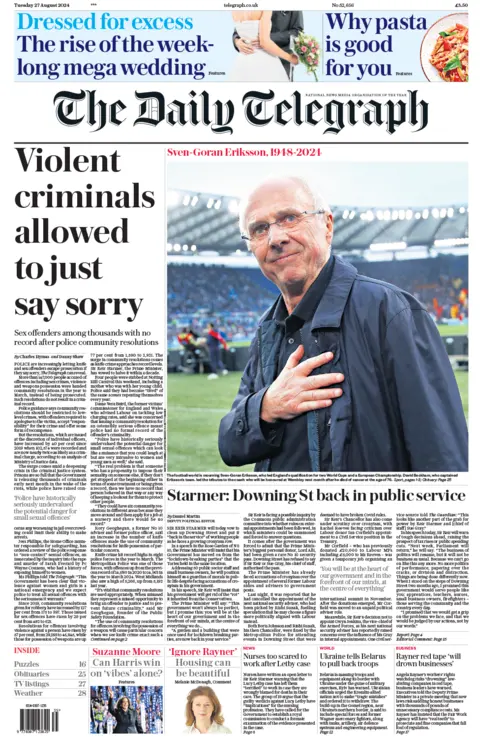 The main headline on the front page of the Daily Telegraph reads: "Violent criminals allowed to just say sorry"