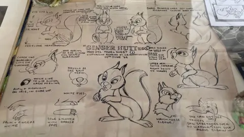 Tom MacDougall/BBC A sheet of paper covered in drawings of cartoon squirrel Ginger Nutt with annotations about how to perfectly recreate the character include details about how to draw her from different angles.