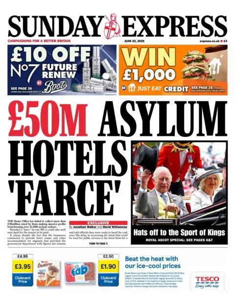 The headline on the front page of the Sunday Express reads: "£50m asylum hotels 'farce'"