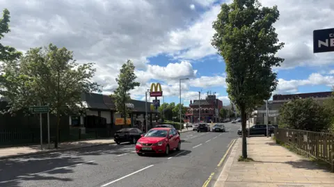 A road with cars driving on it. A McDonald's is on the left with trees lining the street.