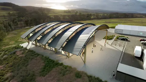 An artist's impression of the lithium extraction site. It is a modern building with five panels curved over its roof. There are people milling about outside on a paved floor. 