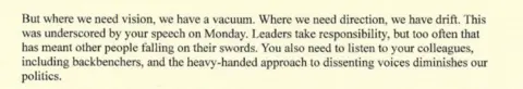 Excerpt from Wes Streeting's letter reading: But where we need vision, we have a vacuum. Where we need direction, we have drift. This was underscored by your speech on Monday. Leaders take responsibility, but too often that has meant other people falling on their swords. You also need to listen to your colleagues, including backbenchers, and the heavy-handed approach to dissenting voices diminishes our politics.