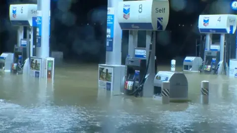 Flooded petrol station