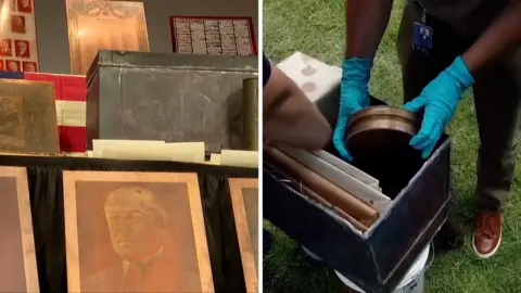 Time capsule being opening and object on display 