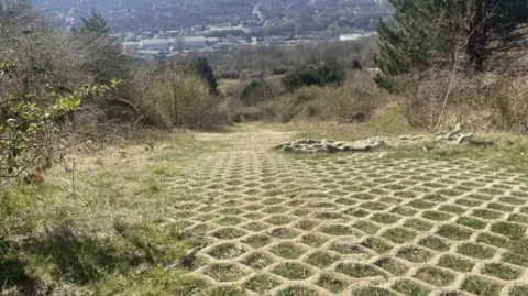 An overgrown dry ski slope surrounded by trees, looking down on the city of Sheffield