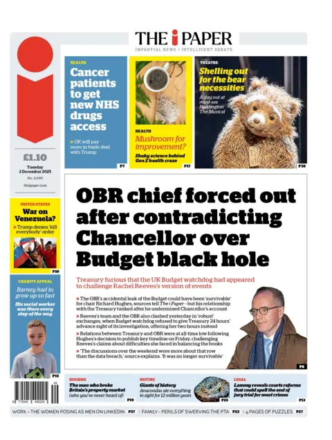 "OBR chief forced out after contradicting Chancellor over Budget black hole" reads the headline on the front page of The i Paper.