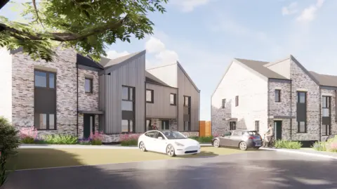 A CGI image of new-build houses with cars parked on the drive in front of them. The houses have a wooden feature on the front.