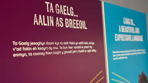 A maroon display board and light blue display board side-by-side in the exhibition displaying the same text in Manx and English.