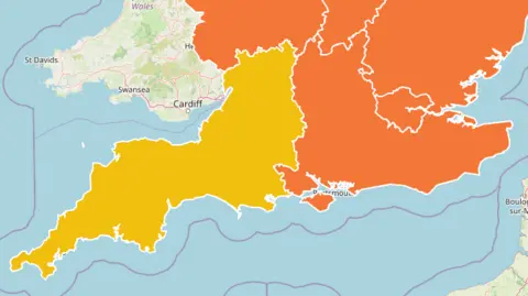 A map showing Yellow heat-health alerts across the South West and higher-level alerts covering much of southern and eastern England.
