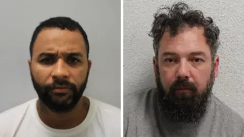 Met Police Side by side mugshots of the two men jailed. They stare at the camera. Donovan has a shorter dark beard and hair. Tallant's hair and beard is longer and messier. 