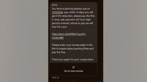 Durham County Council Mobile phone screenshot of scam text message. The message says the user has been issued with a parking penalty notice and must pay it by February 10, 2024. If it remains unpaid, the fine will be increased and legal action may be taken. A link is included for the user to click on. It asks the user to enter their number after clicking the link.