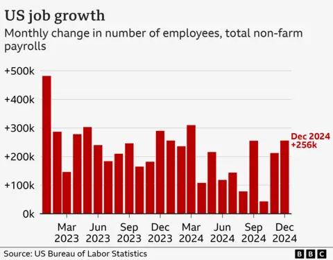 Bar chart showing monthly growth in the number of US employees on non-farm payrolls, from January 2023 to December 2024. The monthly figures were as followed: Jan 2023 (482,000), Feb 2023 (287,000), Mar 2023 (146,000), Apr 2023 (278,000), May 2023 (303,000), Jun 2023 (240,000), Jul 2023 (184,000), Aug 2023 (210,000), Sep 2023 (246,000), Oct 2023 (165,000), Nov 2023 (182,000), Dec 2023 (290,000), Jan 2024 (256,000), Feb 2024 (236,000), Mar 2024 (310,000), Apr 2024 (108,000), May 2024 (216,000), Jun 2024 (118,000), Jul 2024 (144,000), Aug 2024 (78,000), Sep 2024 (255,000), Oct 2024 (43,000), Nov 2024 (212,000), Dec 2024 (256,000).