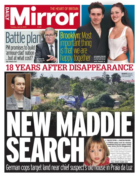 "New Maddie search" reads the headline on the front page of the Daily Mirror.